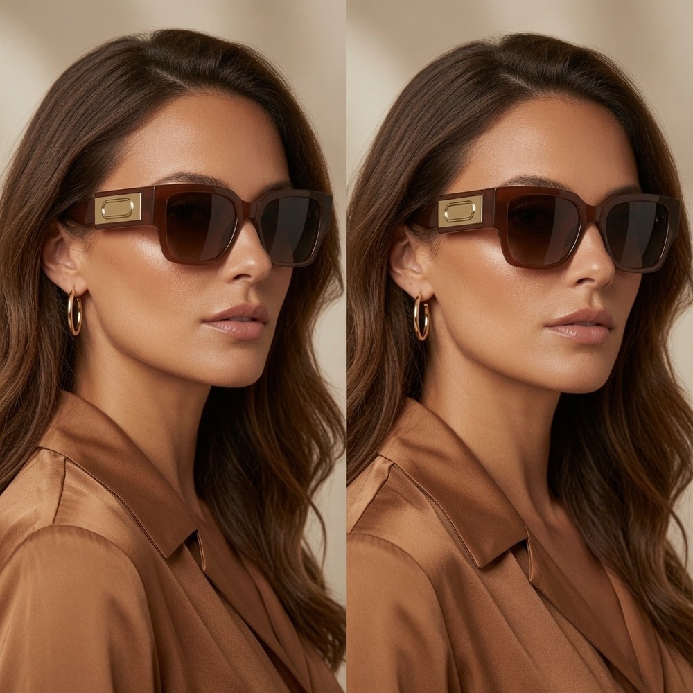 Square Sunglasses Brown Frame Gold  Premium Eyewear‎ Luxury Women Shades Lentes